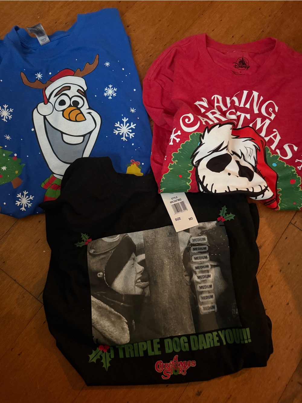 3 Adult holiday Graphic Tees- Black- med, red-s, blue, L all new with or w/o tag